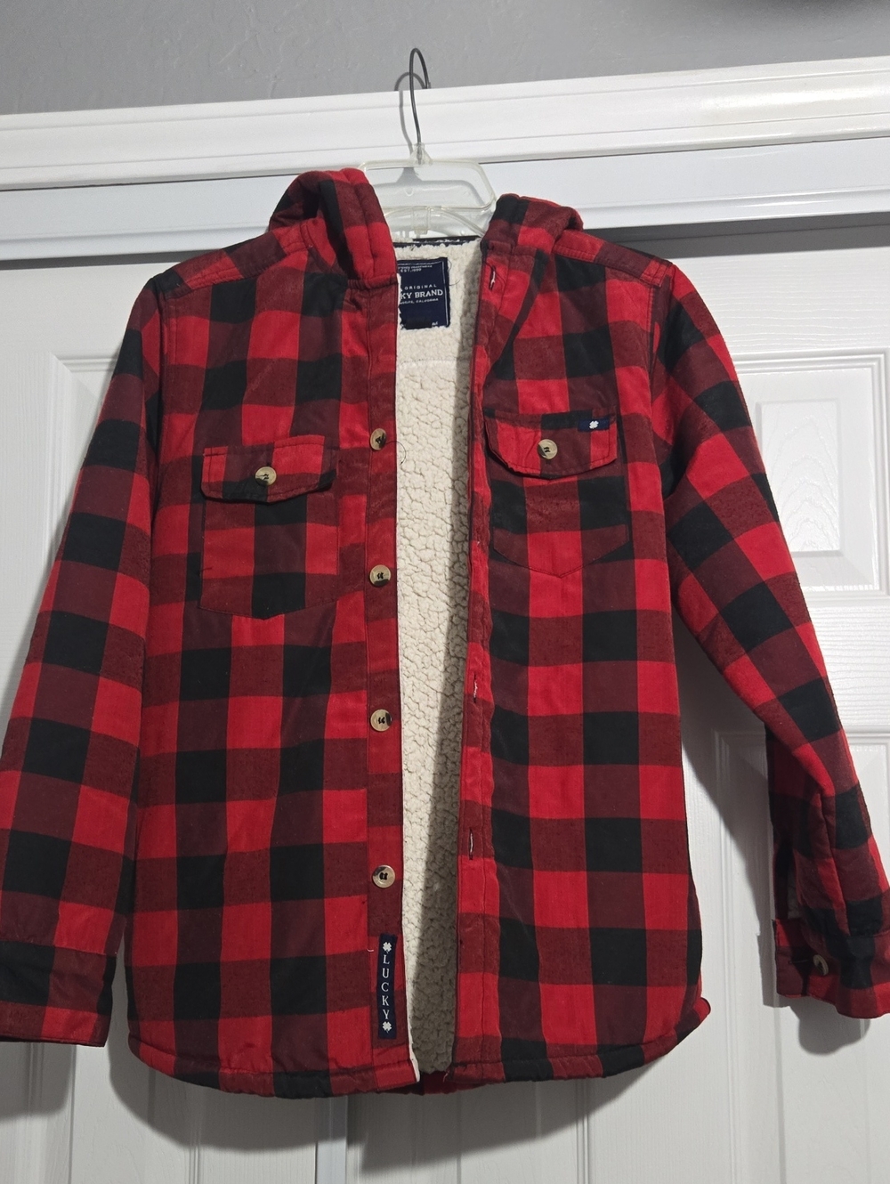 Lucky Brand Red and Black Plaid Sherpa-Lined Hooded Jacket